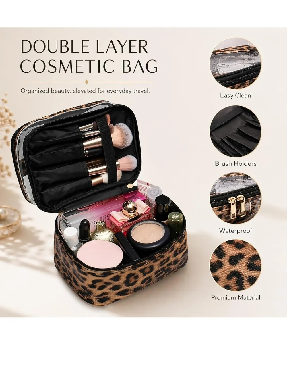 Leopard Print Clear Top Double Zip Cosmetic Train Case